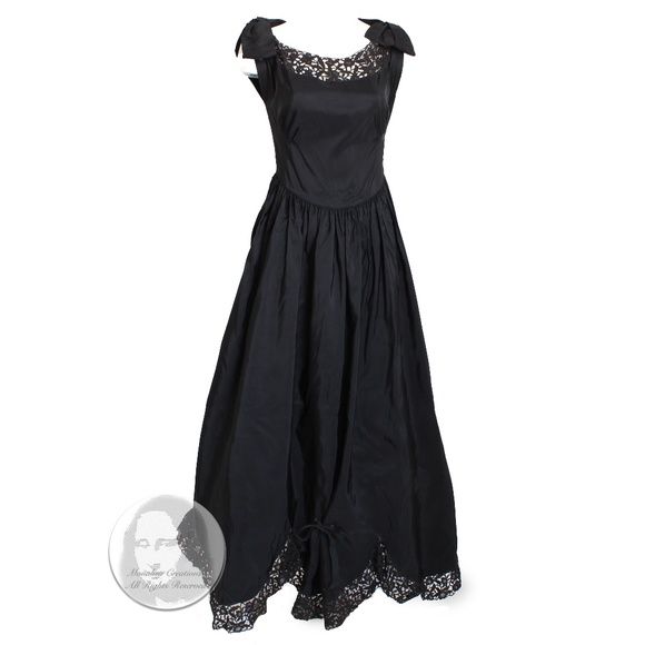Vintage Dresses & Skirts - Vintage 40s Party Dress Black Taffeta with Scalloped Lace Hem Irving Detroit